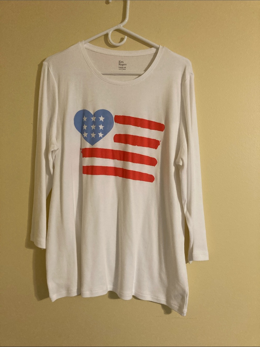 Kim Rogers White Long Sleeve Tee with Red Stripes and Blue Heart Stars